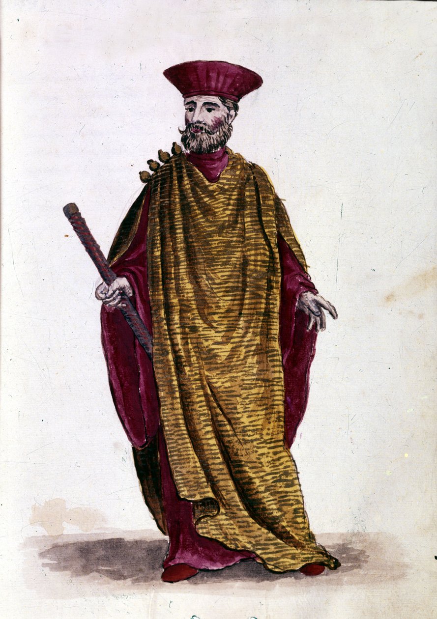 Kaptein på havet: Offiser for den militære marinen i Republikken Venezia. Akvarelltegning og blekk fra manuskriptet "Venitianernes skikker"" av Jan van Grevenbroeck (eller Giovanni Grevembroch (Grevenbroch) (1731-1807) av Jan van Grevenbroeck