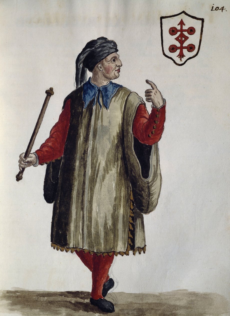 Carrarese kjole, akvarell fra The Venetian clothes, i nesten alle aldre flittig samlet og malt på 1700-tallet, av Jan van Grevenbroek eller Giovanni Grevenbroich (1731-1807), Italia av Jan van Grevenbroeck