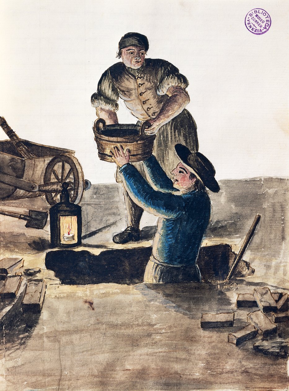 Rengjøring av offentlig kloakk, illustrasjon fra illustrert bok med venetianske kostymer, av Jan Grevenbroeck (1731-1807), akvarell, Italia av Jan van Grevenbroeck
