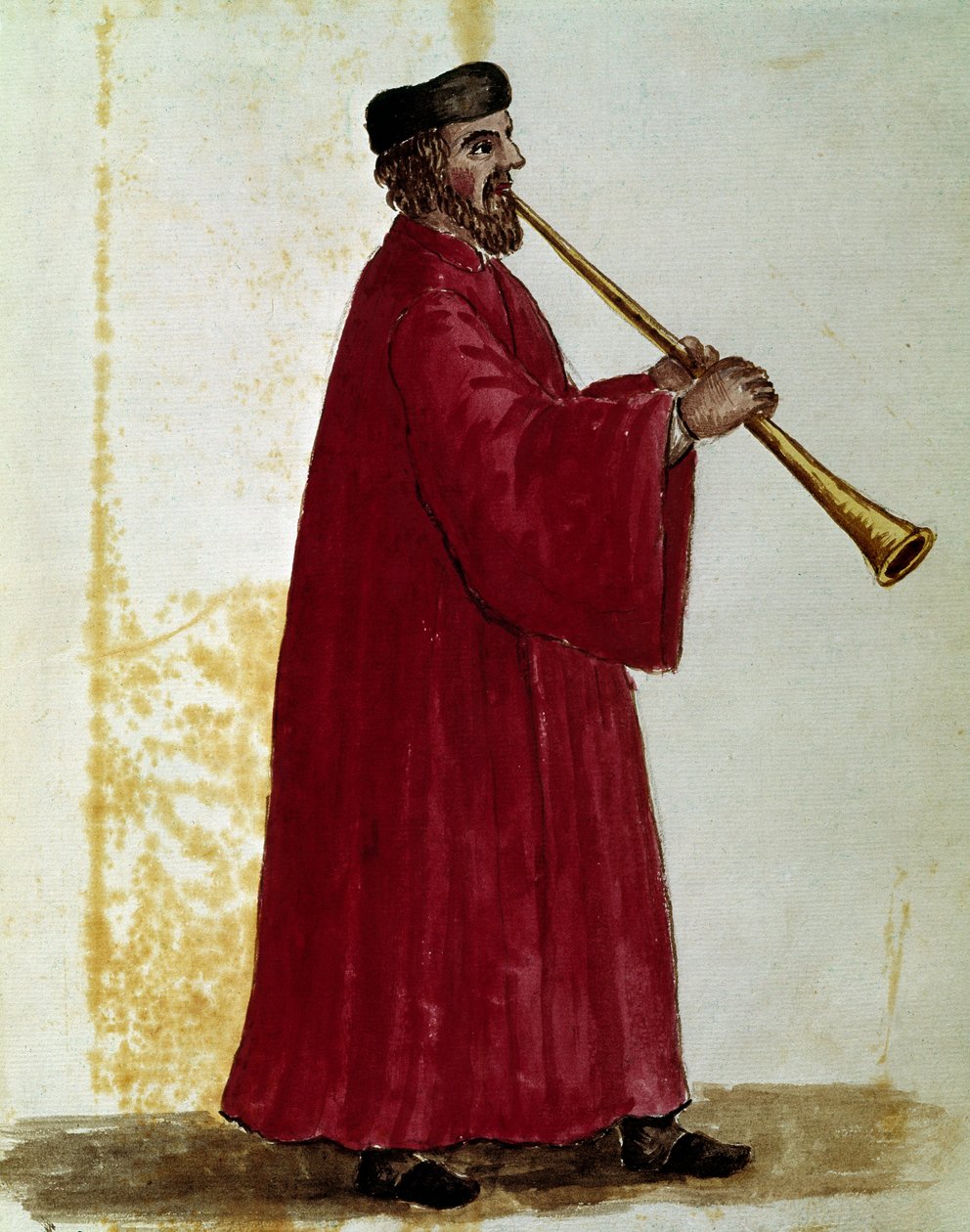Fløytespiller Akvarelltegning og blekk fra manuskriptet "Customs of Venitians"" av Jan van Grevenbroek (eller Giovanni Grevenbroich (Grevenbroich) (1731-1807) av Jan van Grevenbroeck