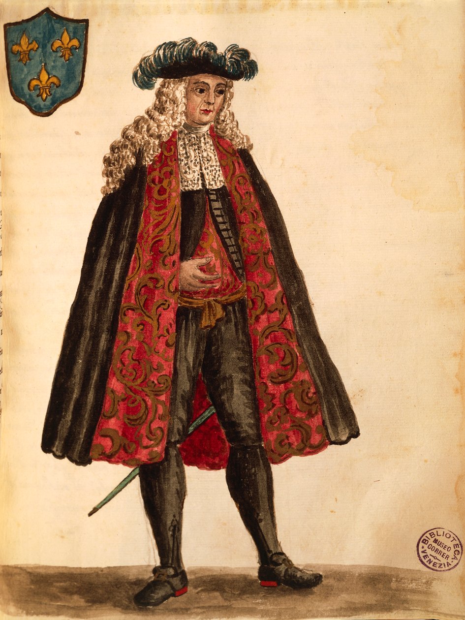 Fransk ambassadør, av Jan van Grevenbroeck eller Giovanni Grevembroch (1731-1807), Gli Abiti de Veneziani, fra illustrert bok med kostymer, akvarell av Jan van Grevenbroeck
