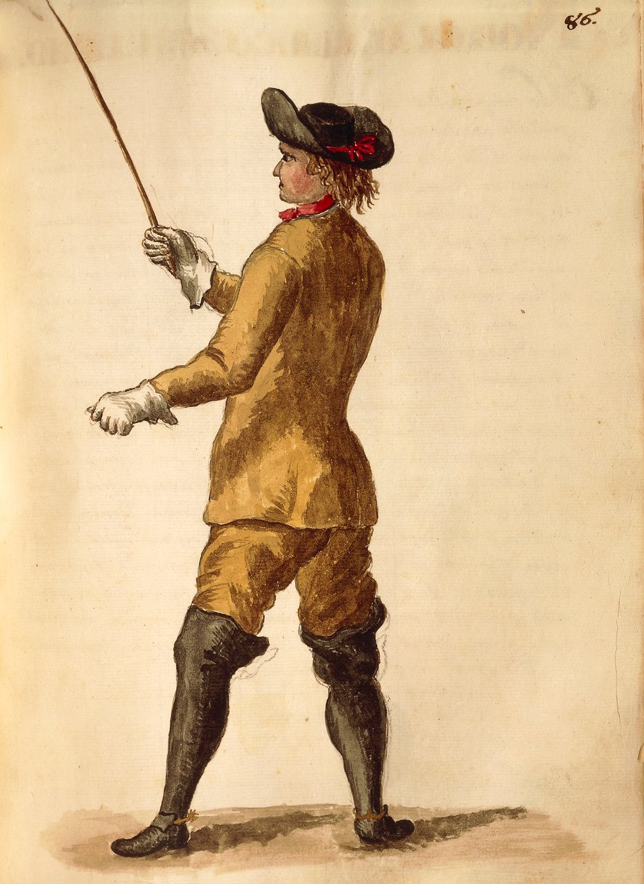 Gentleman i ridedrakt, av Jan van Grevenbroeck eller Giovanni Grevembroch (1731-1807), Gli Donne de Veneziani, fra illustrert kostymebok, akvarell av Jan van Grevenbroeck