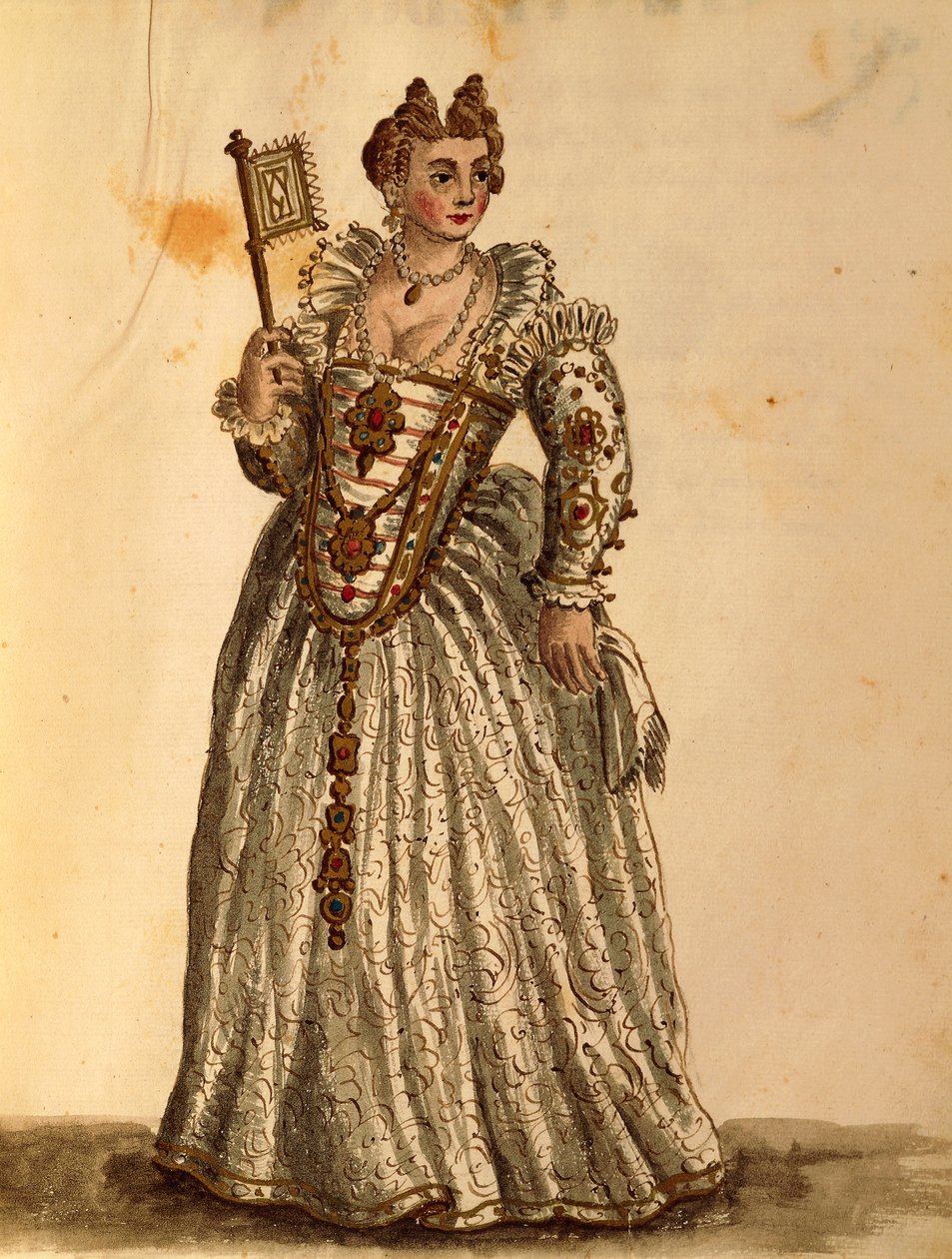 Gentlewoman i aftenkjole, av Jan van Grevenbroeck eller Giovanni Grevembroch (1731-1807), Gli Abiti de Veneziani, fra illustrert kostymebok, akvarell av Jan van Grevenbroeck