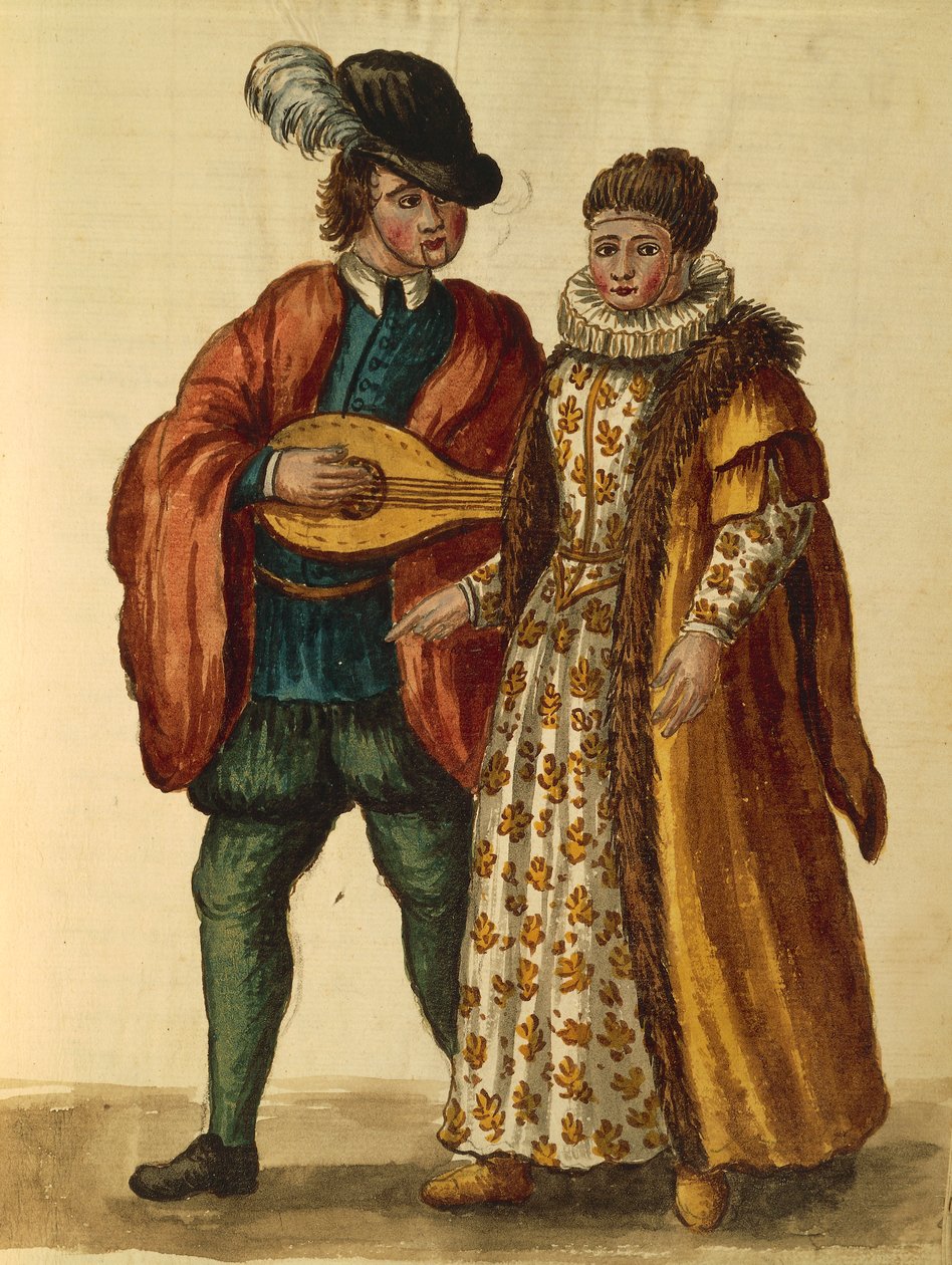 Gli Abiti de Veneziani av Jan van Grevenbroeck eller Giovanni Grevembroch, illustrert bok med kostymer og masker, akvarell av Jan van Grevenbroeck