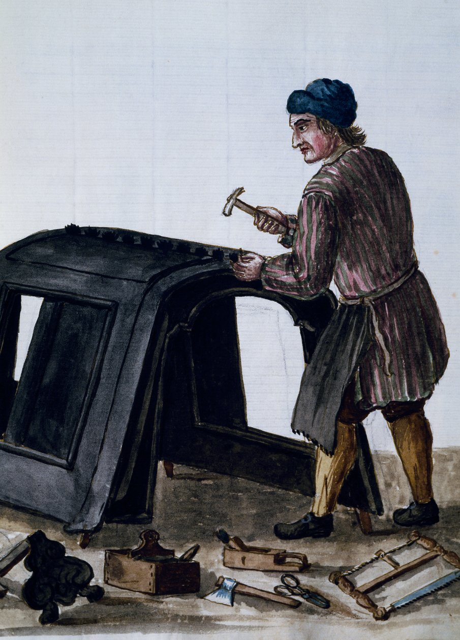 Gondolbyggere, illustrasjon av Jan van Grevenbroeck (1731-1807) fra Dress of Venetians manuskript, Italia av Jan van Grevenbroeck