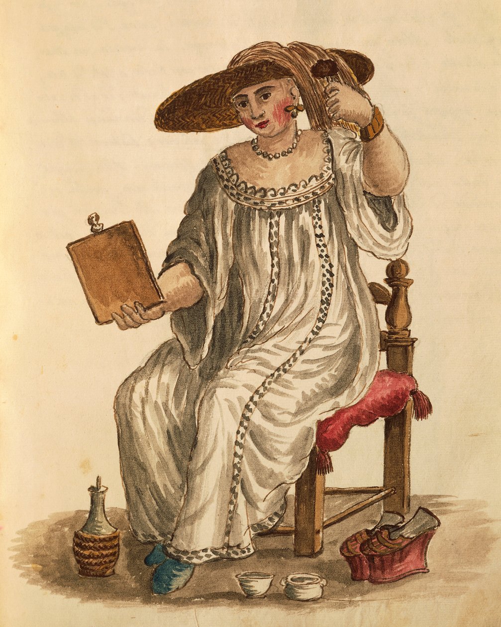 Dame som sminker seg, av Jan van Grevenbroeck eller Giovanni Grevembroch (1731-1807), Gli Abiti de Veneziani, fra illustrert kostymebok, akvarell av Jan van Grevenbroeck