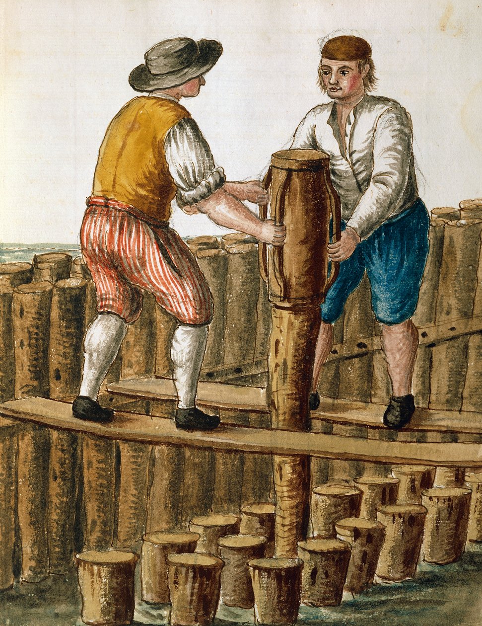 Å legge grunnlaget for den venetianske lagunen, illustrasjon av Jan van Grevenbroeck (1731-1807) fra manuskriptet Dress of Venetians, Italia av Jan van Grevenbroeck