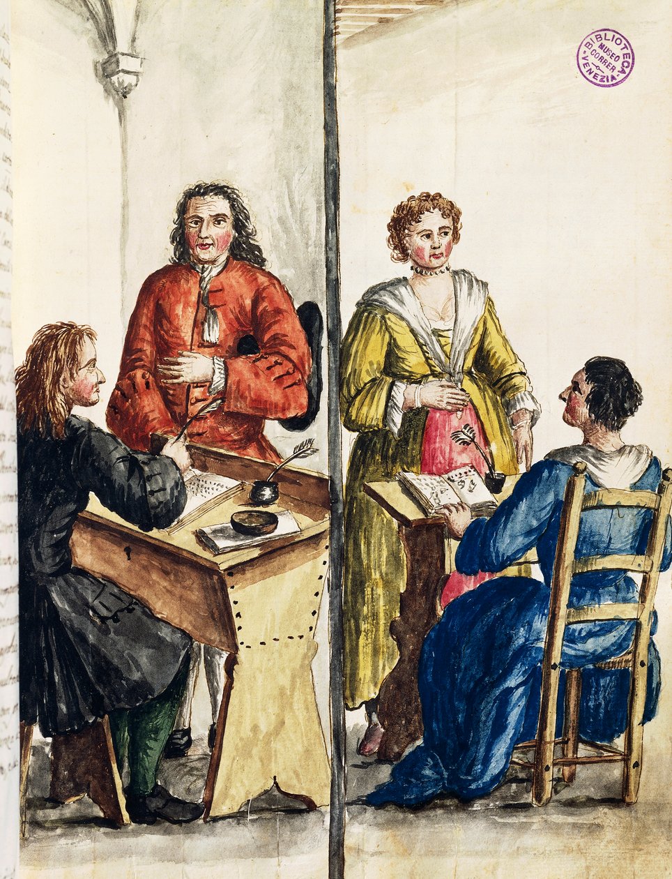 Ekteskapsbyrå, illustrasjon fra illustrert bok med venetianske kostymer, av Jan Grevenbroeck (1731-1807), akvarell, Italia av Jan van Grevenbroeck