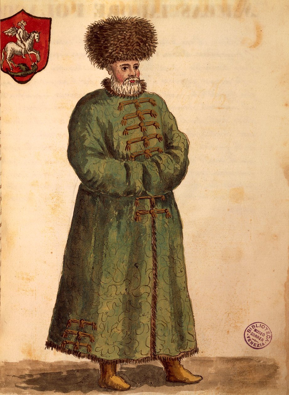 Muscovite-ambassadør, av Jan van Grevenbroeck eller Giovanni Grevembroch (1731-1807), Gli Donne de Veneziani, fra illustrert kostymebok, akvarell av Jan van Grevenbroeck