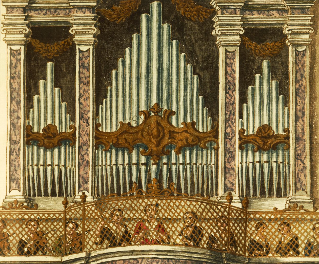 Orgel, detalj fra kantate av putte, av Giovanni Grevembroch. Italia av Jan van Grevenbroeck