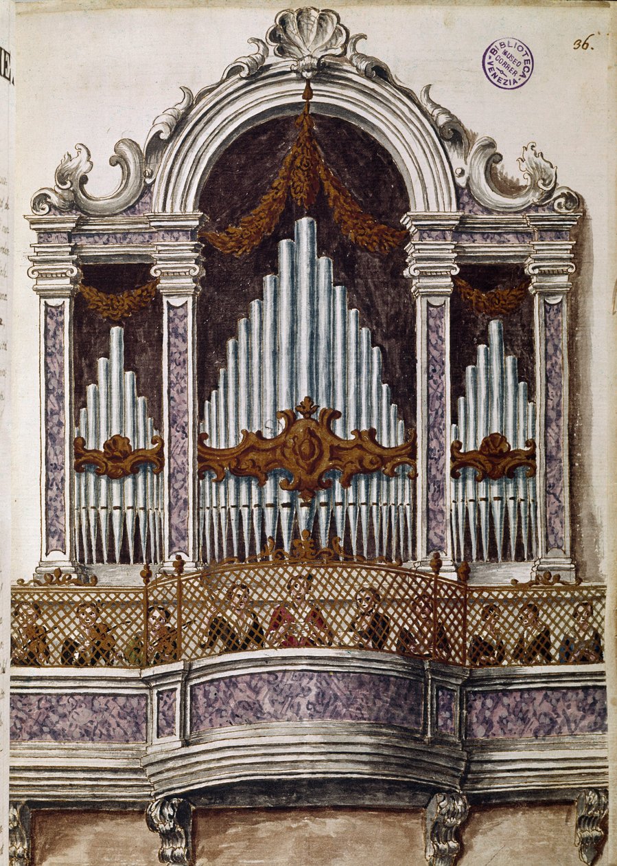 Foreldreløse som synger, orgel for koret i kirken Ospedale della Pieta, Venezia (koret av foreldreløse barn) Akvarelltegning og blekk fra manuskriptet "Venitianernes skikker"" av Jan van Grevenbroeck (eller Giovanni Grevembroch (Grevenbroch) (1731- 1807) av Jan van Grevenbroeck