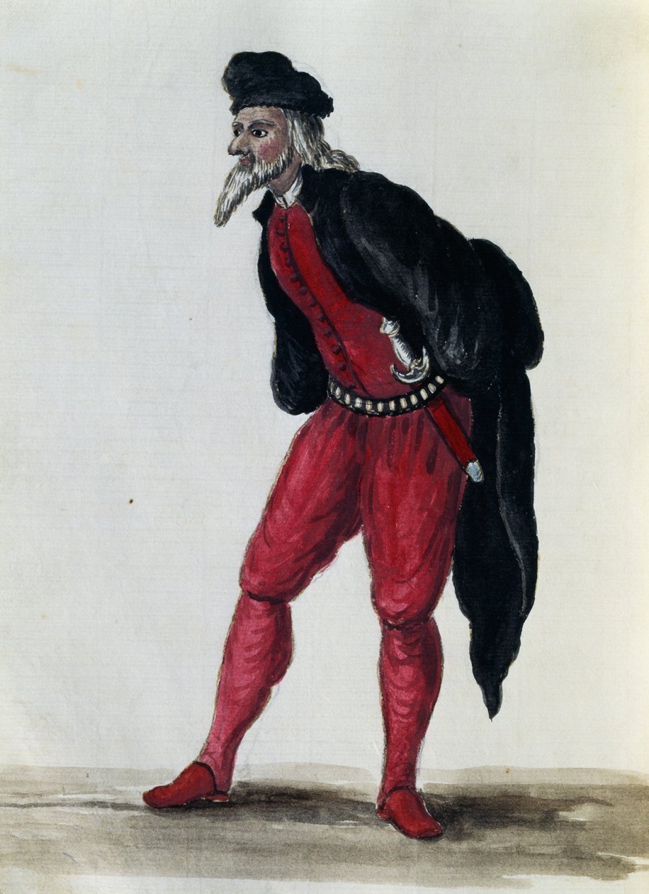 Pantaloon, Merchant of Venice, illustrasjon fra Costumes of Venetians i nesten alle aldre, flittig samlet og malt på 1700-tallet, Giovanni di Grevembroch (1731-1807) av Jan van Grevenbroeck