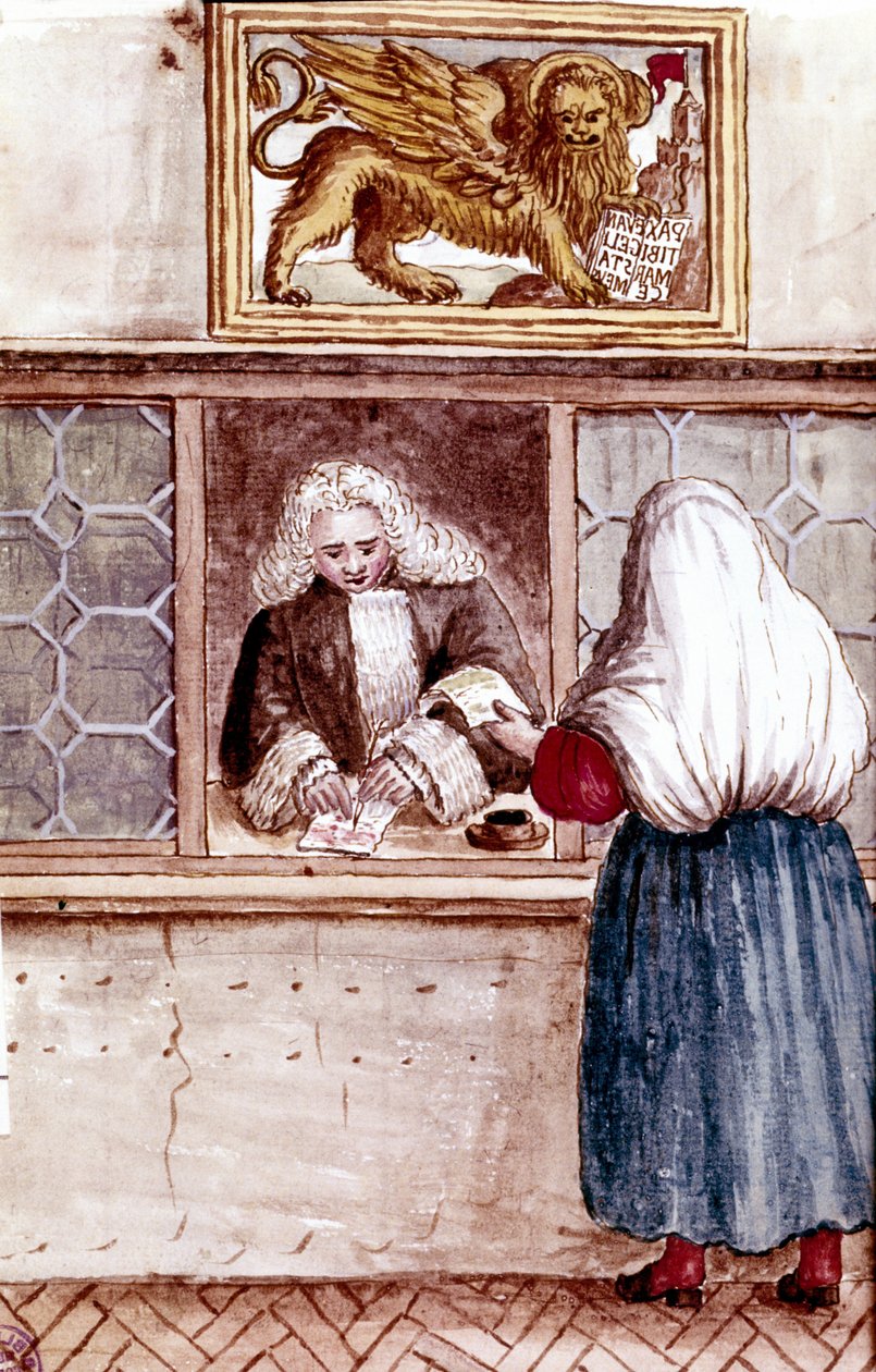 Pantelåner. fromhetsfjellet i Venezia. Akvarelltegning og blekk fra manuskriptet "Venitianernes skikker"" av Jan van Grevenbroeck (eller Giovanni Grevembroch (Grevenbroch) (1731-1807) av Jan van Grevenbroeck
