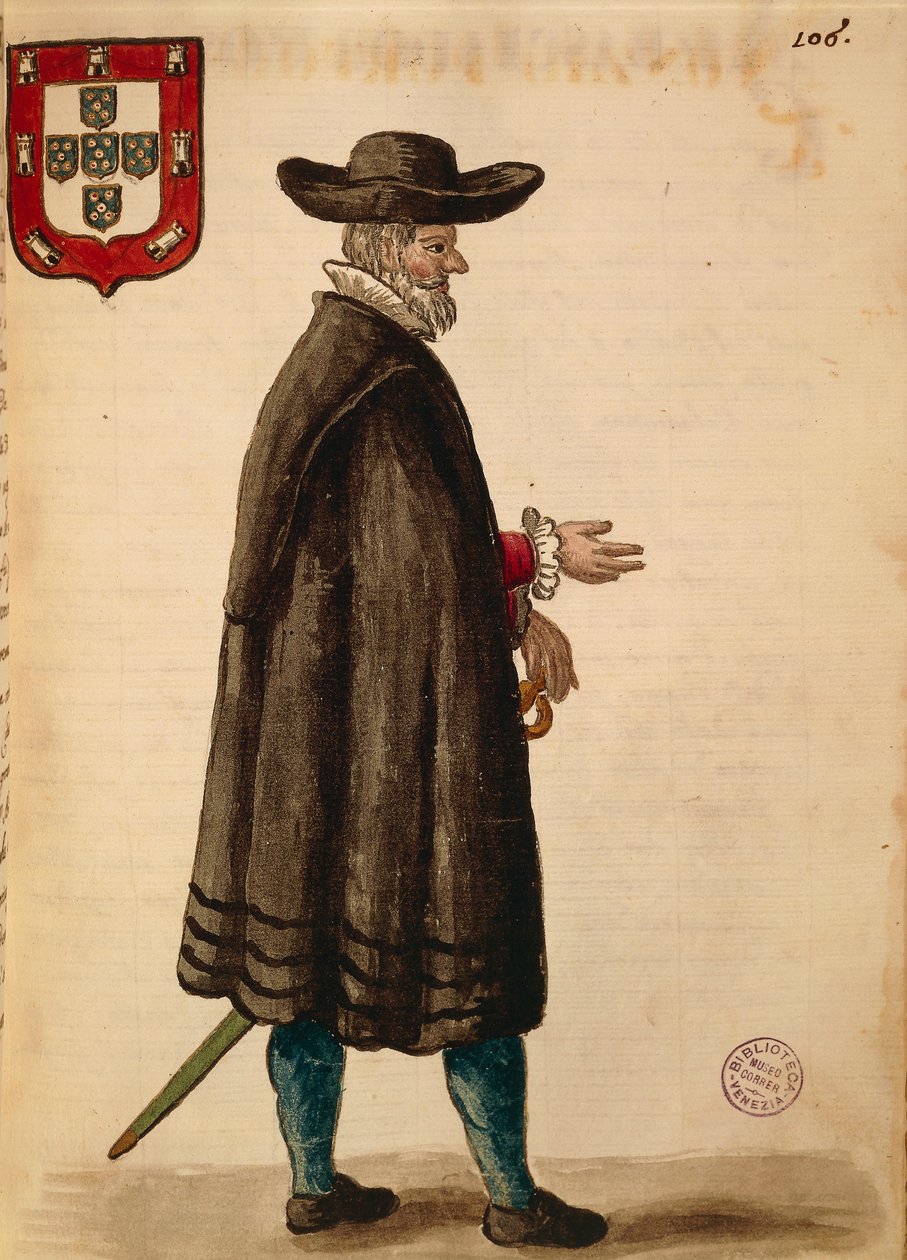 Portugisisk ambassadør, av Jan van Grevenbroeck eller Giovanni Grevembroch (1731-1807), Gli Donne de Veneziani, fra illustrert kostymebok, akvarell av Jan van Grevenbroeck
