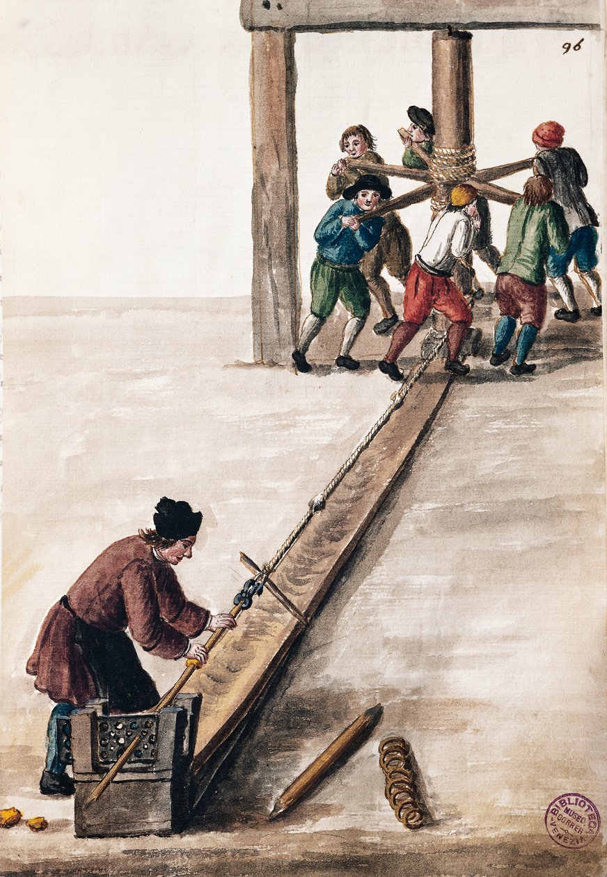 Behandlingsstaver for mynteillustrasjon fra illustrert bok med venetianske kostymer, av Jan Grevenbroeck (1731-1807), akvarell, Italia av Jan van Grevenbroeck