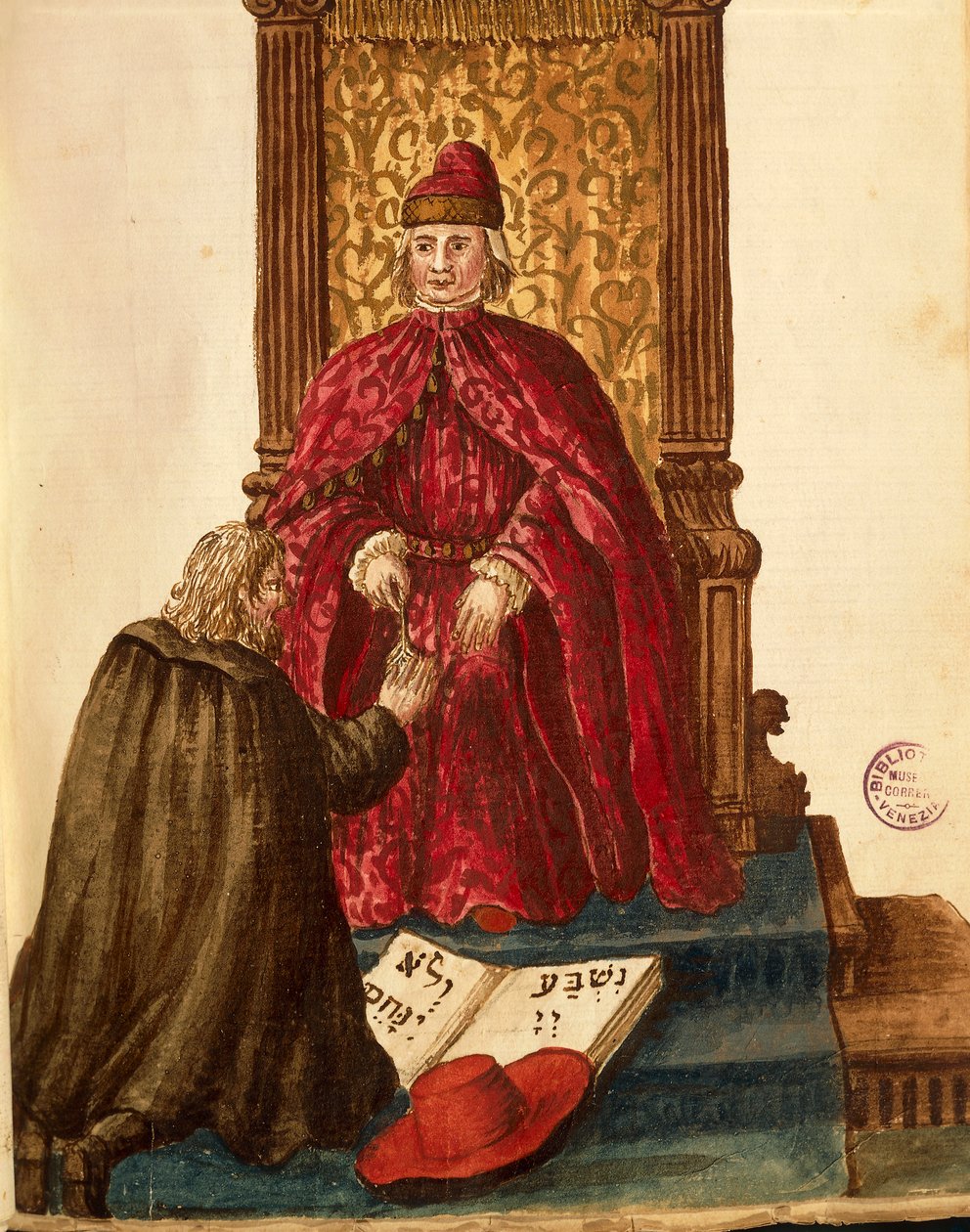 Republikkens dignitær som sverger lojalitet til den venetianske dogen, av Jan van Grevenbroeck eller Giovanni Grevembroch (1731-1807), Gli Abiti de Veneziani, fra illustrert kostymebok, akvarell av Jan van Grevenbroeck