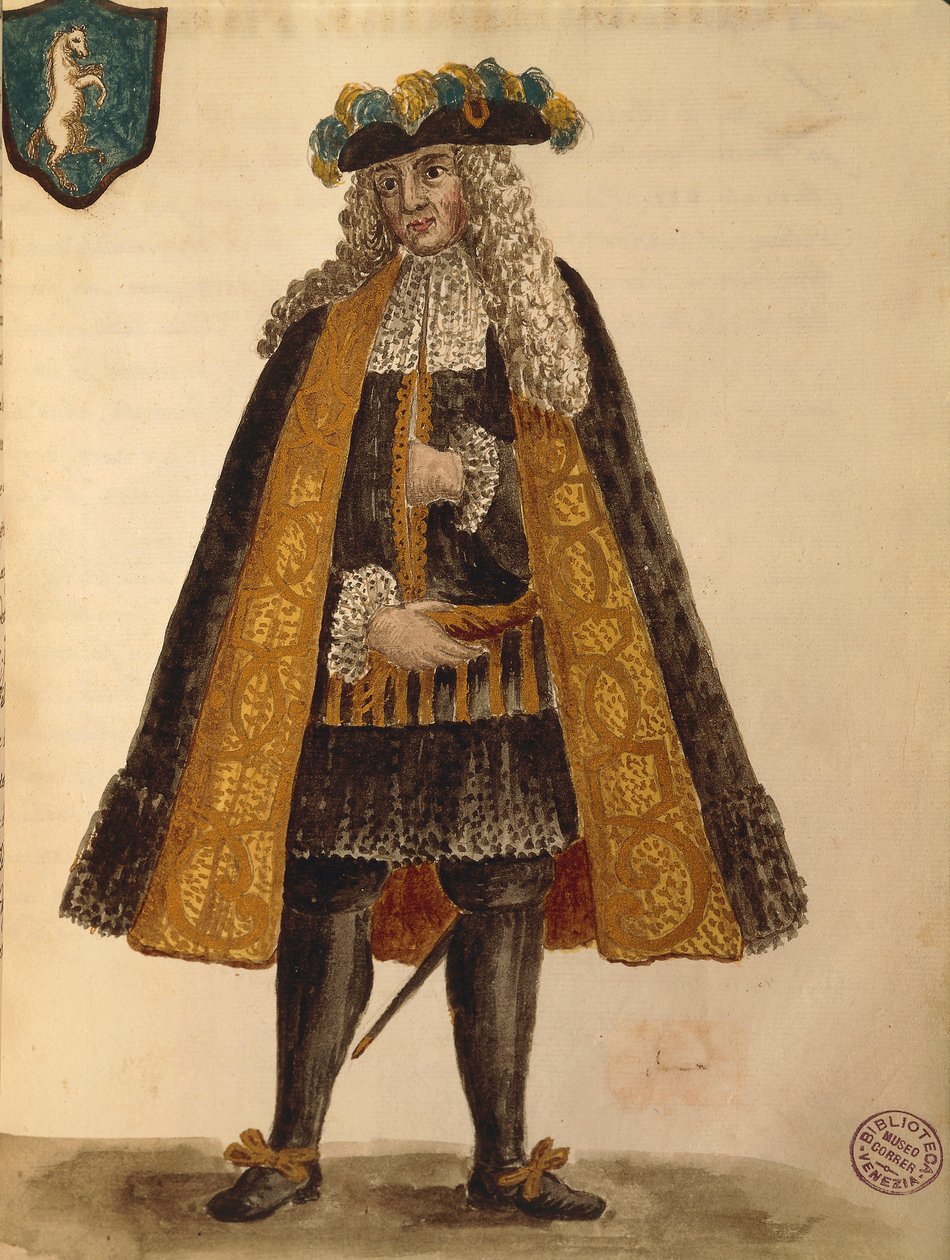Sardinsk ambassadør, av Jan van Grevenbroeck eller Giovanni Grevembroch (1731-1807), Gli Abiti de Veneziani, fra illustrert kostymebok, akvarell av Jan van Grevenbroeck