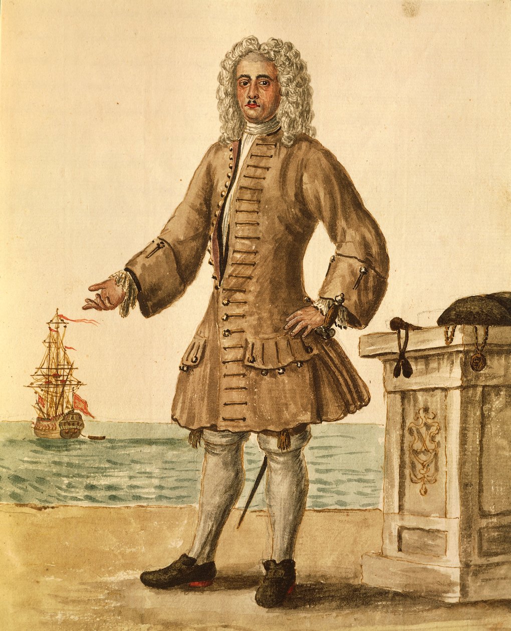 Skipskaptein for den venetianske republikken, av Jan van Grevenbroeck eller Giovanni Grevembroch (1731-1807), Gli Abiti de Veneziani, fra illustrert kostymebok, akvarell av Jan van Grevenbroeck
