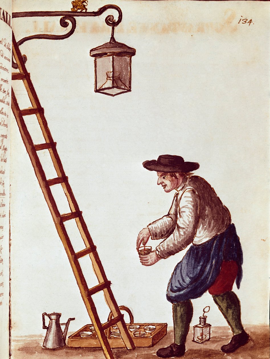 Liten metier: belysningslamper Akvarelltegning og blekk fra et manuskript av Jan van Grevenbroeck (eller Giovanni Grevembroch (Grevenbroch) (1731-1807) av Jan van Grevenbroeck