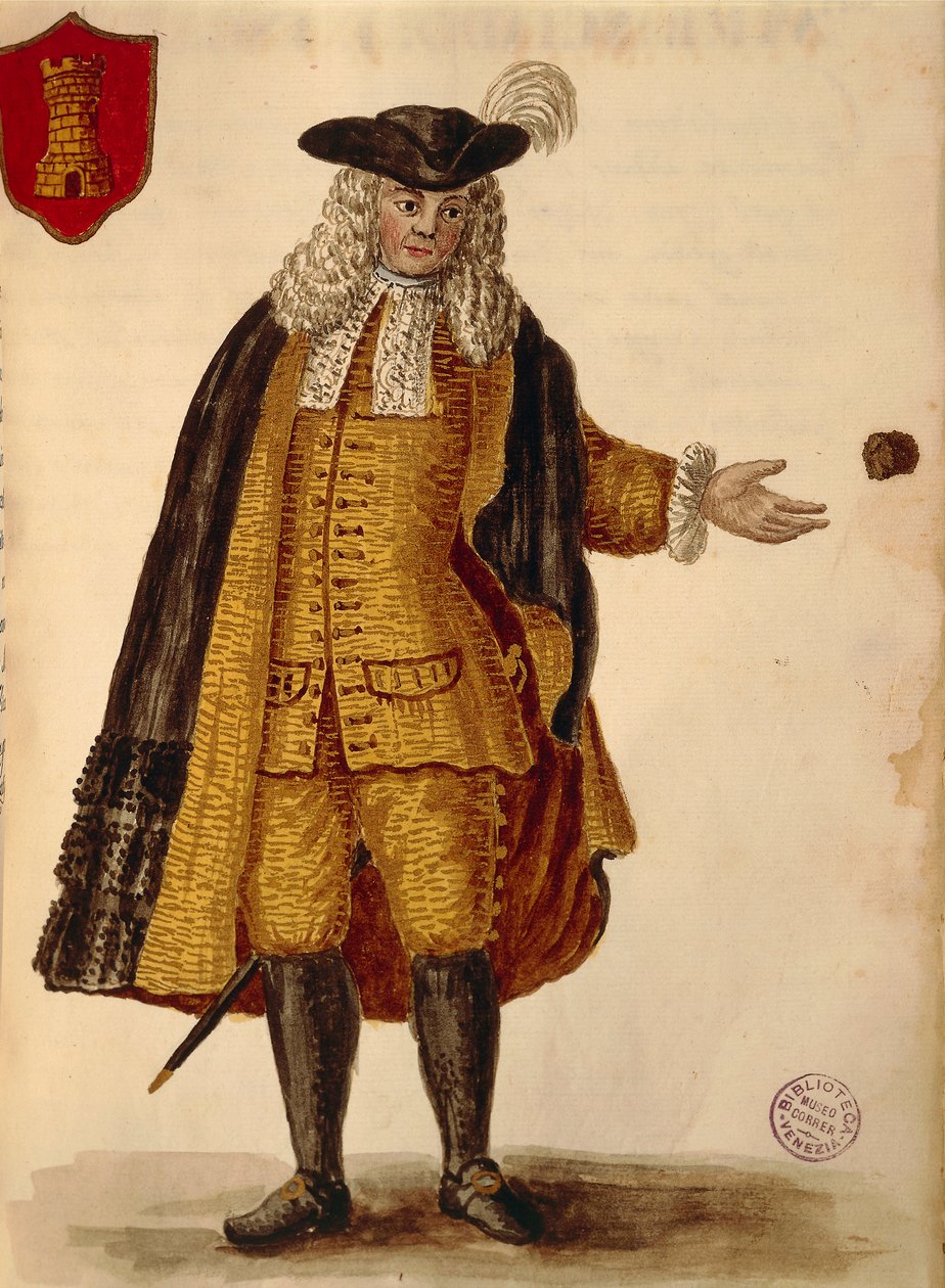 Spansk ambassadør, av Jan van Grevenbroeck eller Giovanni Grevembroch (1731-1807), Gli Abiti de Veneziani, fra illustrert bok med kostymer, akvarell av Jan van Grevenbroeck
