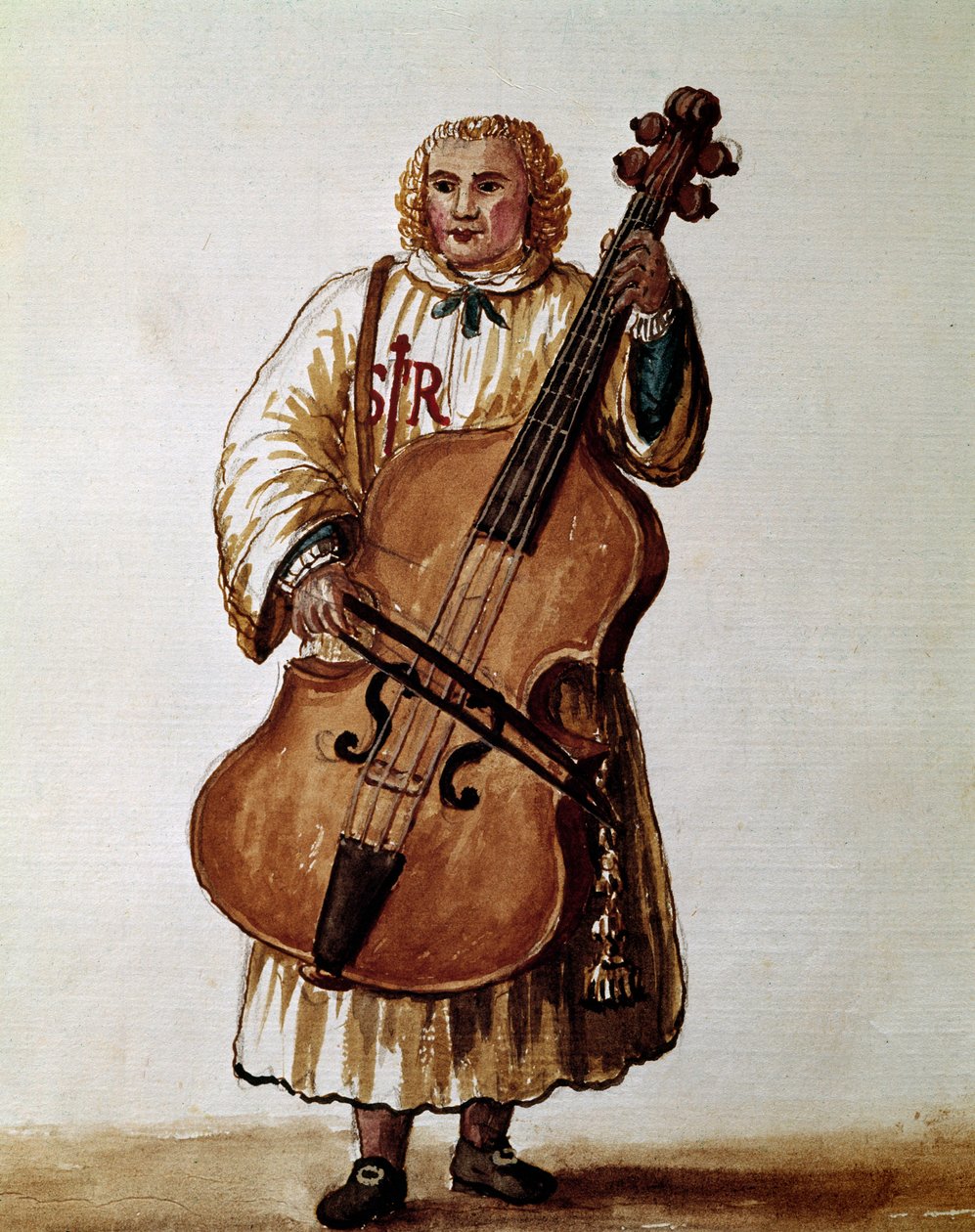 Gatemusiker (vandrende musiker) Akvarelltegning og blekk fra manuskriptet «Venitianernes skikker»» av Jan van Grevenbroeck (eller Giovanni Grevembroch (Grevenbroch) (1731-1807) av Jan van Grevenbroeck