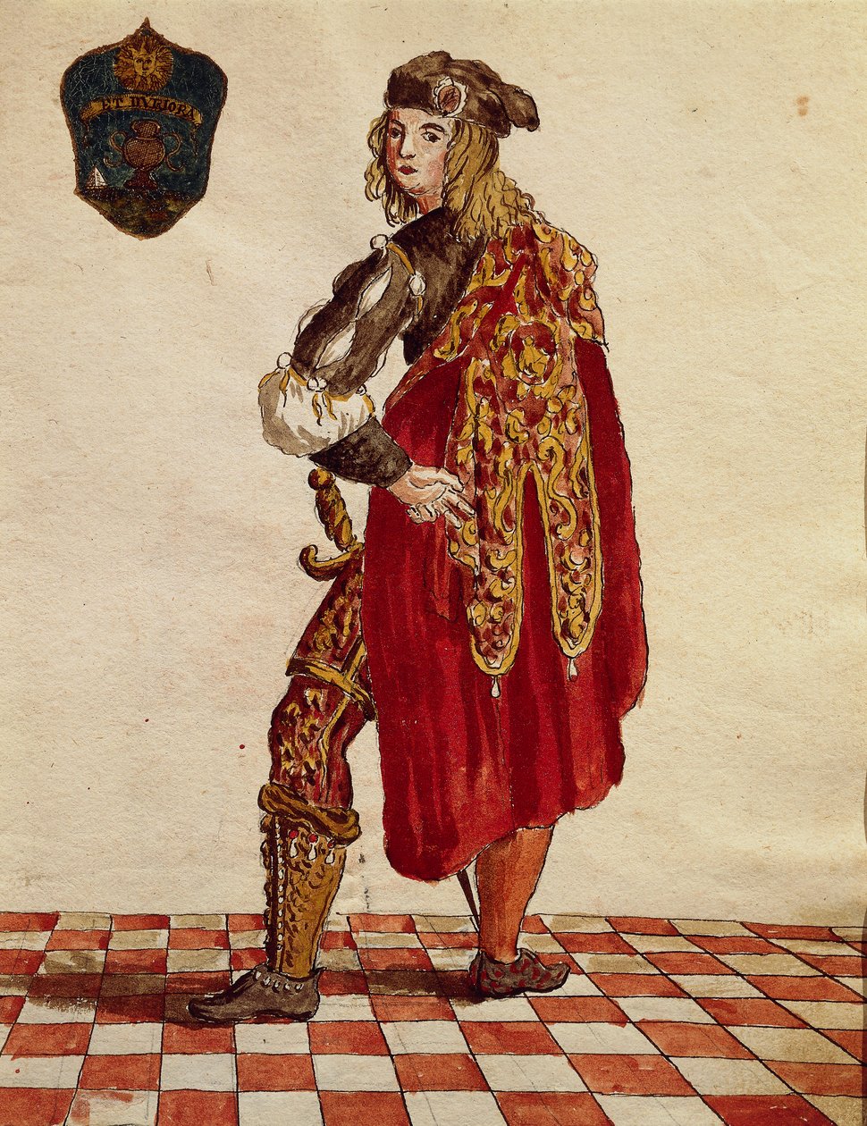 Drakt av ridder av Confraternity de la Calza (Stocking) i 1564, av Jan van Grevenbroeck eller Giovanni Grevembroch (1731-1807), Gli Abiti de Veneziani, fra illustrert bok med kostymer, akvarell av Jan van Grevenbroeck