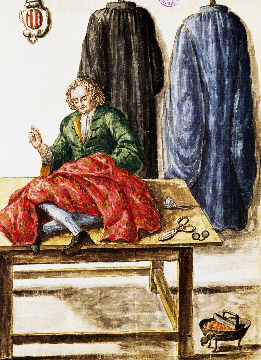 Skredderbutikk, illustrasjon av Jan van Grevenbroeck (1731-1807) fra Dress of Venetians manuscript, Italia av Jan van Grevenbroeck