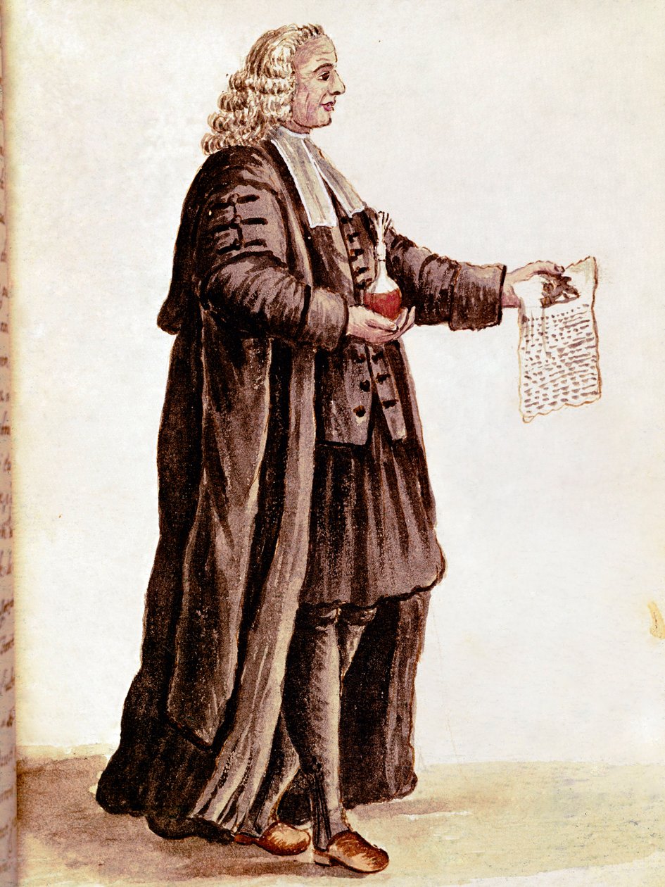 Apotekeren holder i hendene et lite hetteglass og en resept Tegner en akvarell og blekk fra et manuskript av Jan van Grevenbroeck (eller Giovanni Grevembroch (Grevenbroch) (1731-1807) av Jan van Grevenbroeck