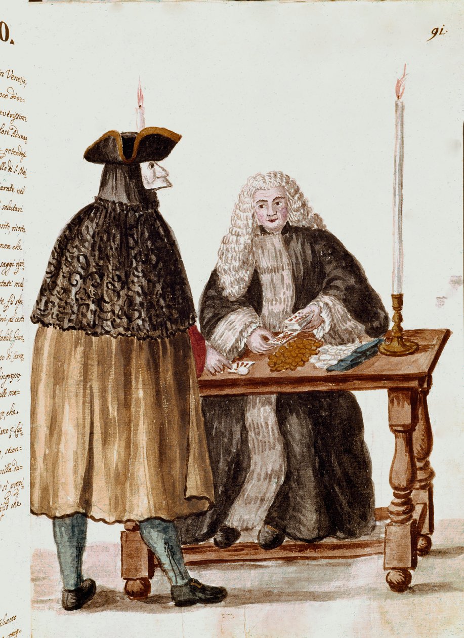 Spillerommet: en karakter maskerer foran dealeren som trekker kort, mynter samles på bordet Akvarelltegning og blekk tegnet fra et manuskript av Jan van Grevenbroeck (eller Giovanni Grevembroch (Grevenbroch) (1731-1807) av Jan van Grevenbroeck