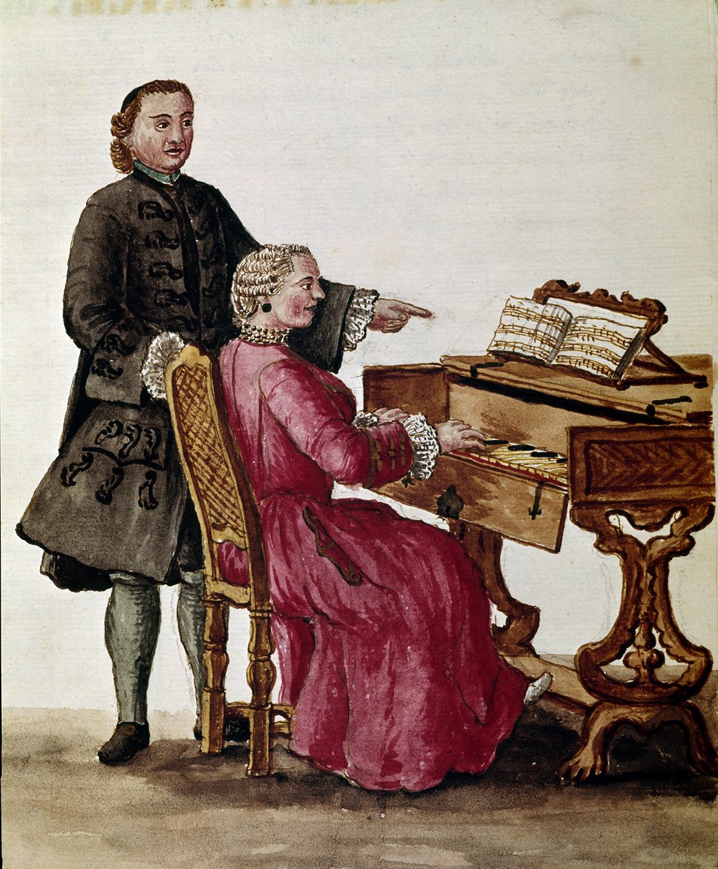 Sangeren (Operasangeren som spiller piano) Akvarelltegning og blekk er hentet fra Jan van Grevenbroeck (eller Giovanni Grevembroch (Grevenbroch) (1731-1807) av Jan van Grevenbroeck