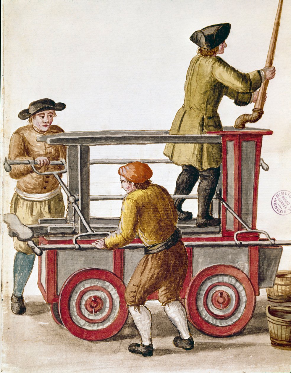 Bruk av vannpumpe eller hydraulisk pumpe Akvarelltegning og blekk fra et manuskript av Jan van Grevenbroeck (eller Giovanni Grevembroch (Grevenbroch) (1731-1807) av Jan van Grevenbroeck