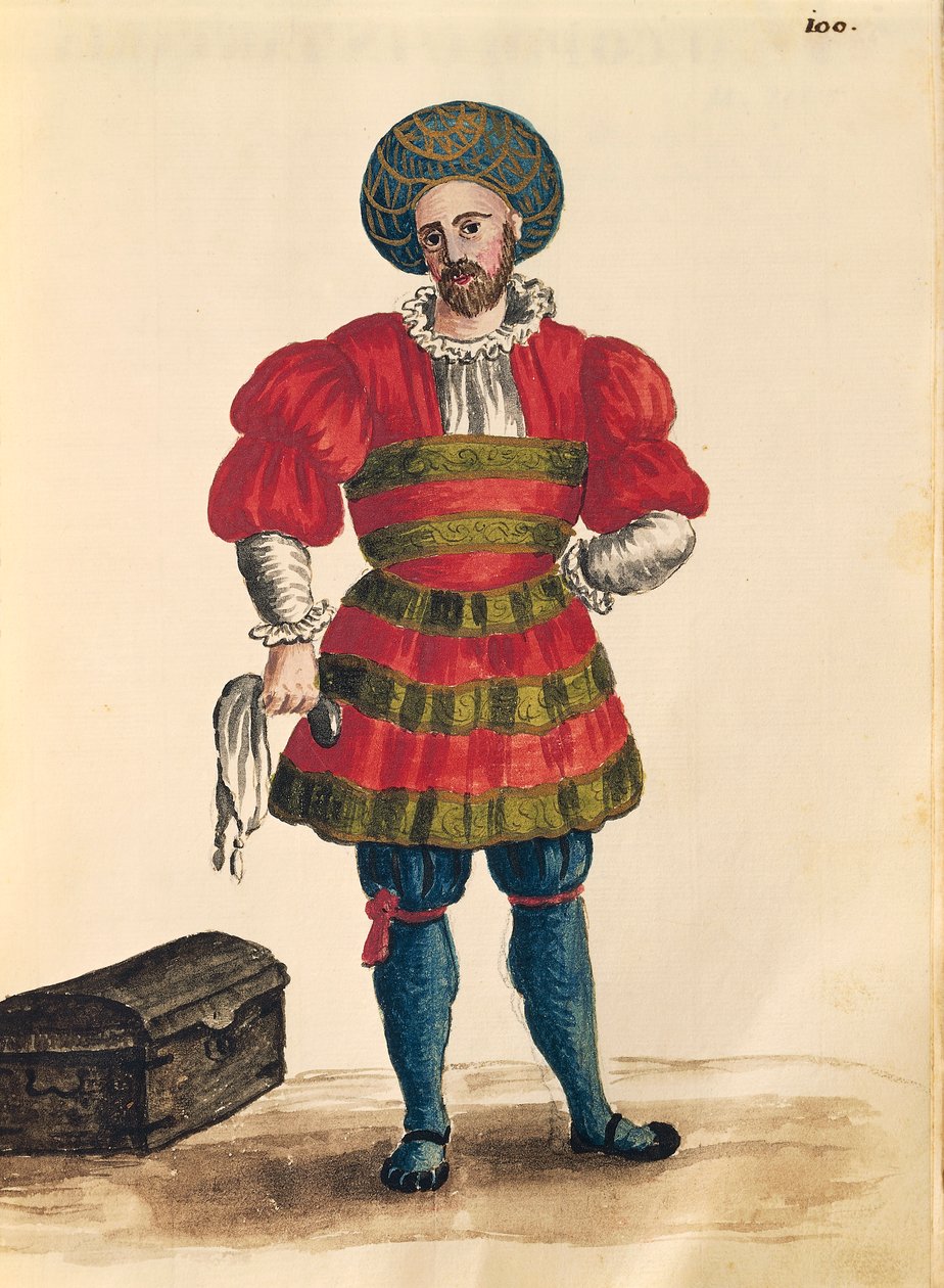 Venetianske klær: Venetiansk reisende, av Jan van Grevenbroeck eller Giovanni Grevembroch (1731-1807), Gli Abiti de Veneziani, fra illustrert kostymebok, akvarell av Jan van Grevenbroeck