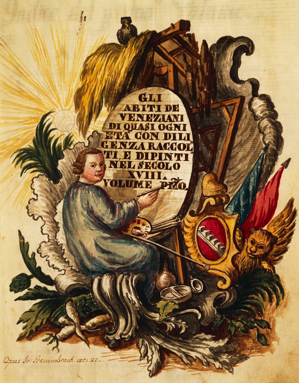 Venetiansk kjole for alle aldre, flittig samlet og malt, for 1700-tallet, av Giovanni Grevembroch, tittelside av Jan van Grevenbroeck