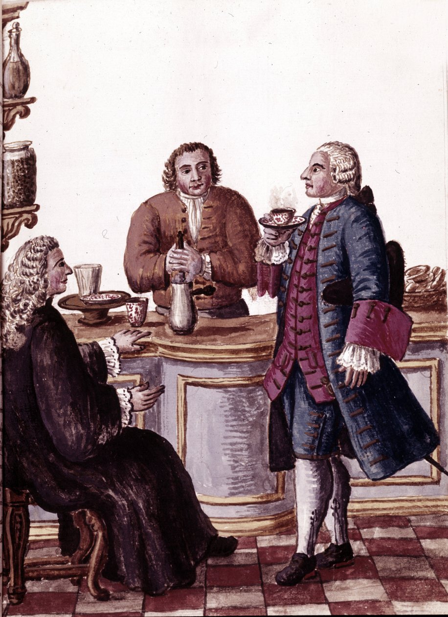 Venetianske adelsmenn på kaffe, en av dem nyter en sjokolade. Akvarelltegning og blekk fra manuskriptet «Venitianernes skikker»» av Jan van Grevenbroeck (eller Giovanni Grevembroch (Grevenbroch) av Jan van Grevenbroeck