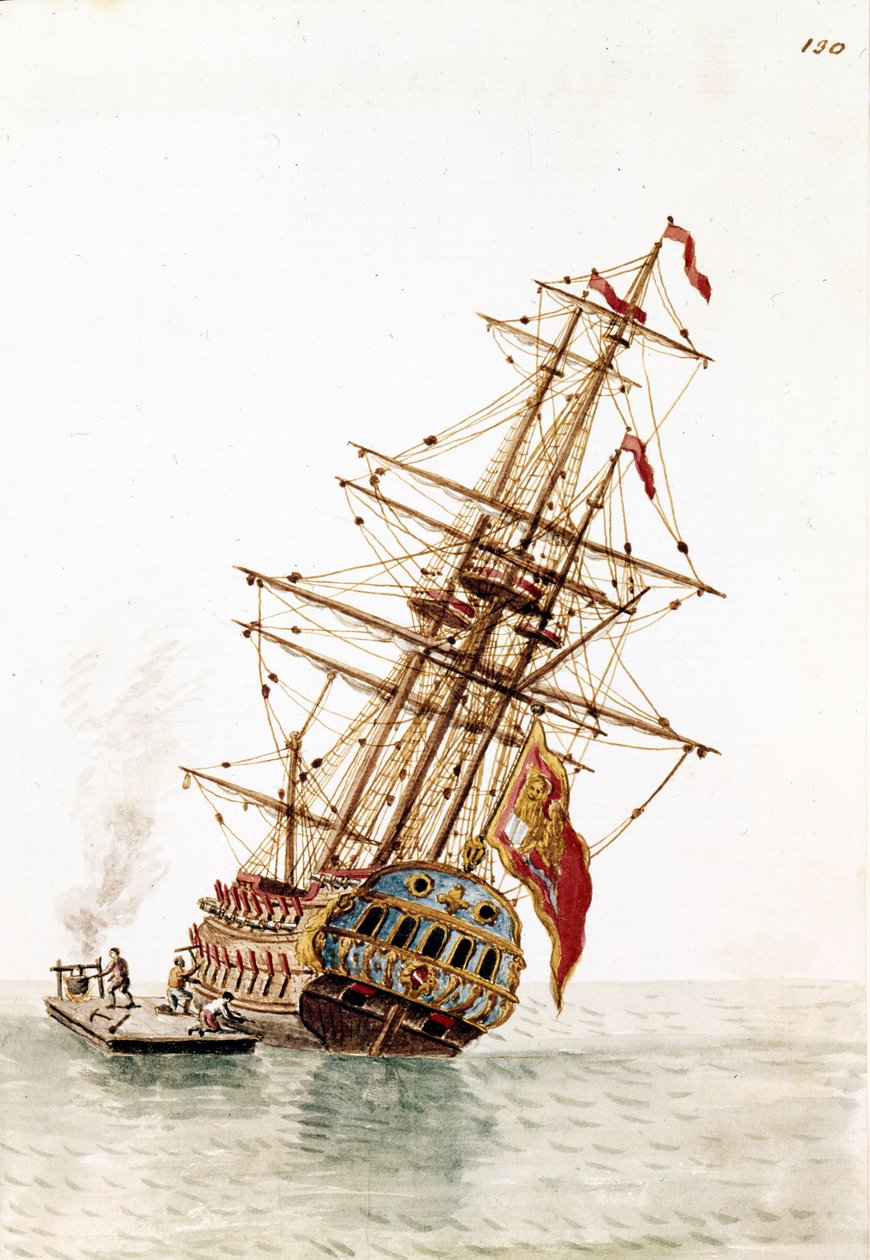 Venetiansk skip skutt ned i skroget for å bli reparert. Akvarelltegning og blekk fra manuskriptet "Venitianernes skikker"" av Jan van Grevenbroeck (eller Giovanni Grevembroch (Grevenbroch) (1731-1807) av Jan van Grevenbroeck
