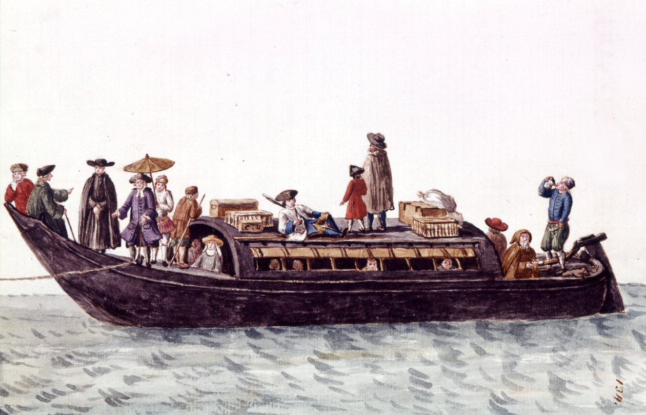 Venezia lagunebåt for transport av mennesker og varer. Akvarelltegning og blekk fra manuskriptet "Venitianernes skikker"" av Jan van Grevenbroeck (eller Giovanni Grevembroch (Grevenbroch) (1731-1807) av Jan van Grevenbroeck
