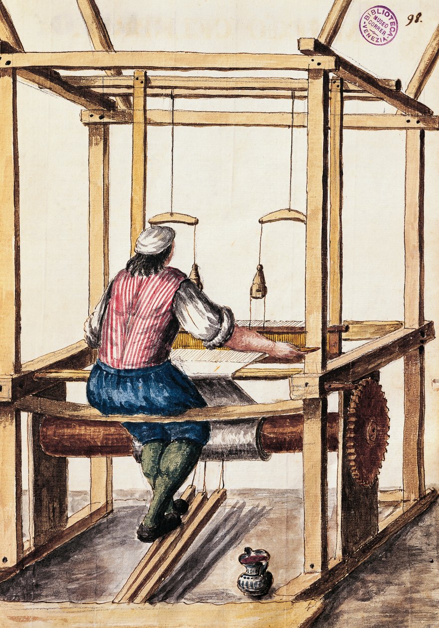 Weaver, illustrasjon av Jan van Grevenbroeck (1731-1807) fra The dress of the Venetians manuscript, Italia av Jan van Grevenbroeck