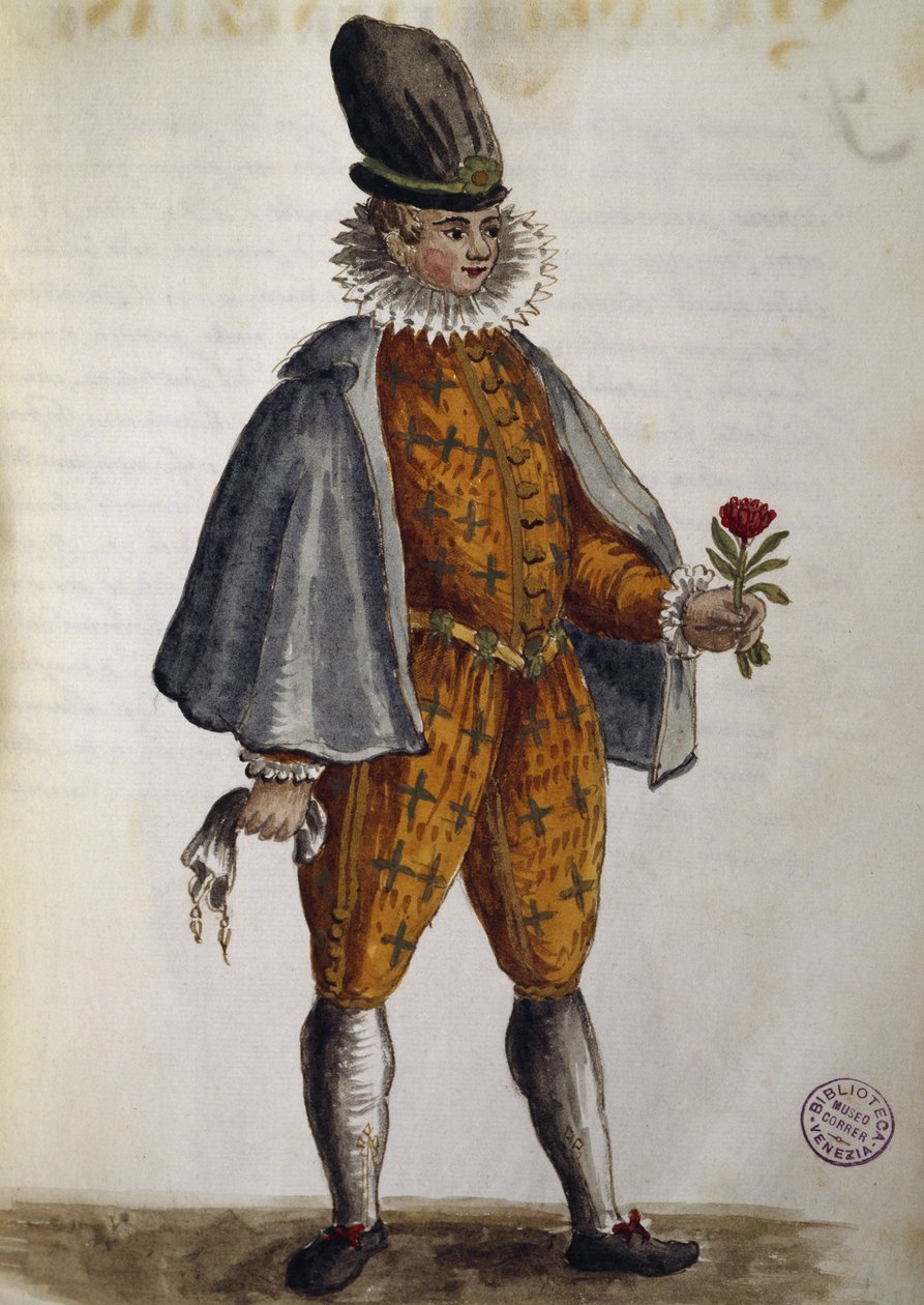 Ung venetiansk, akvarell fra The Venetian clothes, i nesten alle aldre flittig samlet og malt på 1700-tallet, av Jan van Grevenbroek eller Giovanni Grevenbroich (1731-1807), Italia av Jan van Grevenbroeck