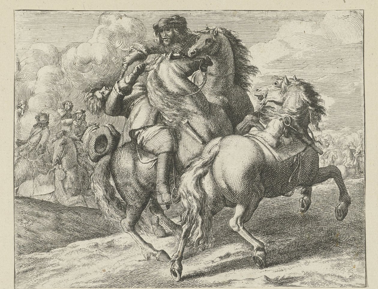 Soldat skutt på hesteryggen Cavalry Scenes (serietittel) av Jan van Huchtenburg (possibly copy after)