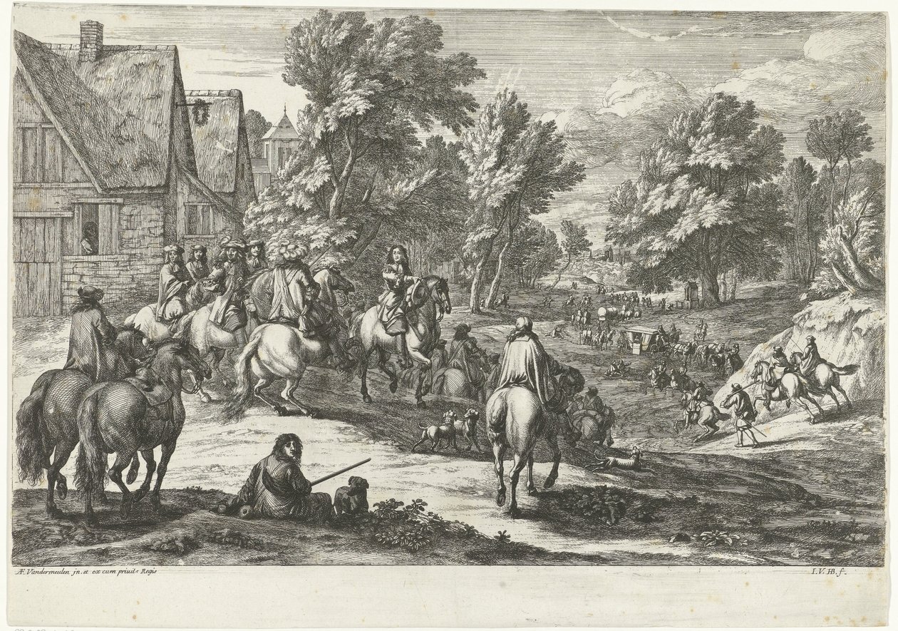 Utsikt over en landsby med ryttere i forgrunnen av Jan van Huchtenburg