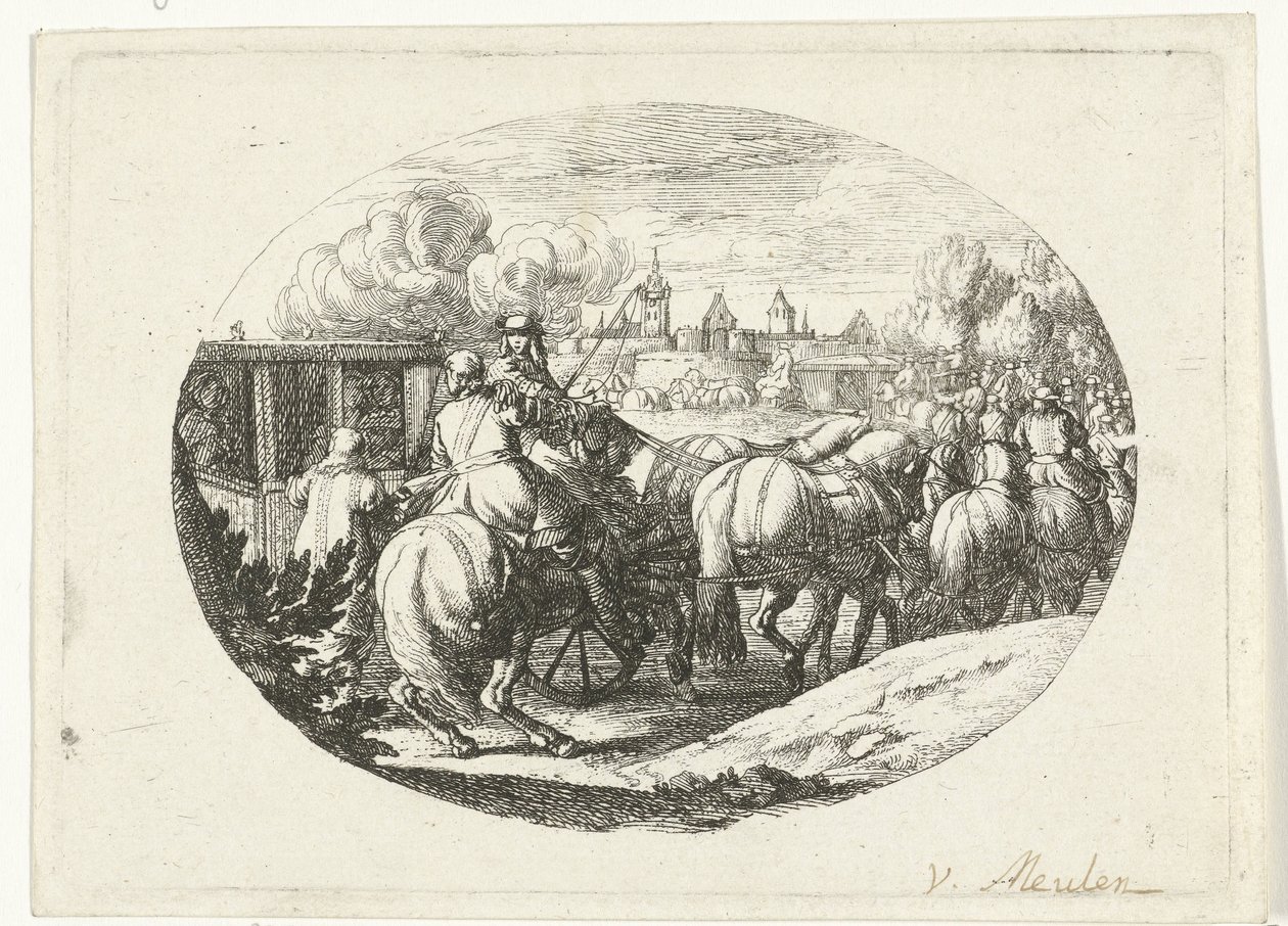 Leger en koetsen trekken naar stad Militaire voorstellingen uit het leven van Lodewijk XIV, koning van Frankrijk (series title)   1371073   no       norwegian Successfully Translated  Original: Pan bespiedt de nimf Syrinx Translat: Pan bespiedt de nimf Syr av Jan van Huchtenburg