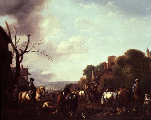Ryttere og reisende stanset i en landsby av Jan van Huchtenburgh