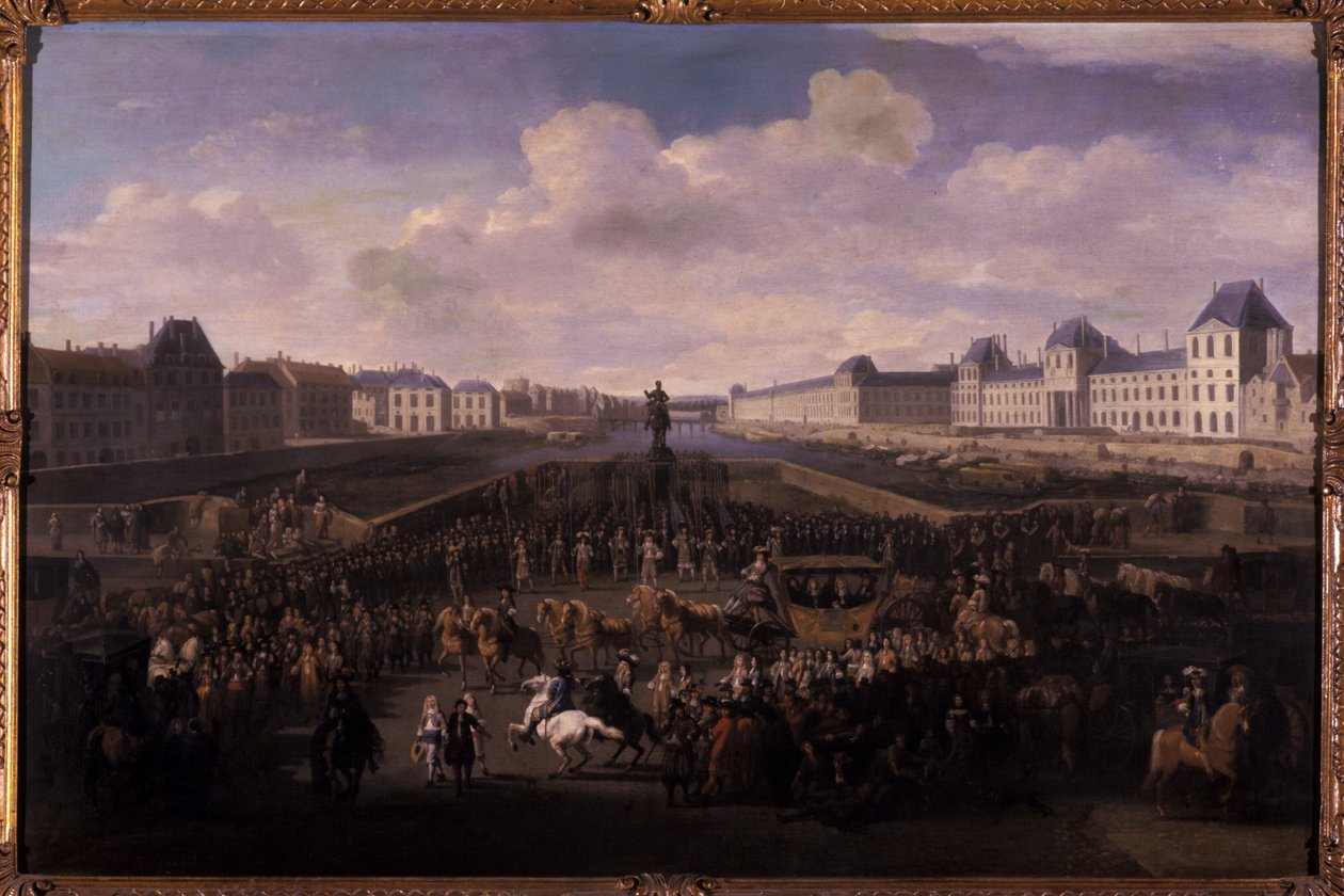 Louis XIV nærmer seg Pont Neuf, Paris, 1674 (olje på eik) av Jan van Huchtenburgh
