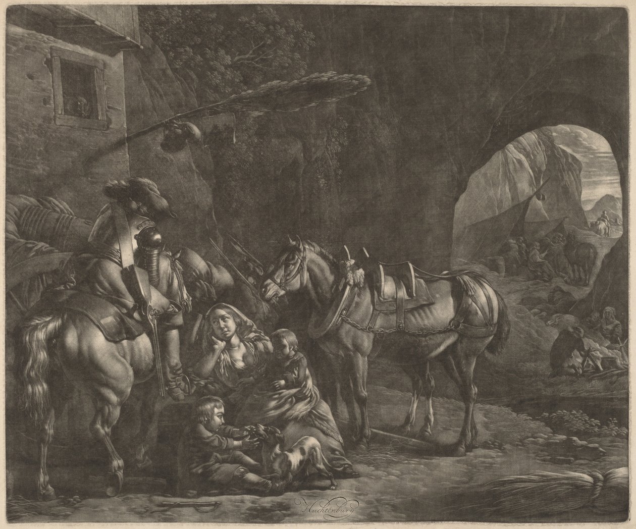 Mor med to barn og en hest foran et vertshus av Jan van Huchtenburgh