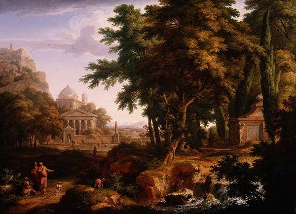 Arkadisk landskap med St. Peter og St. John Healing the Crippled Man, 1724-25 (par til 68871) av Jan van Huysum