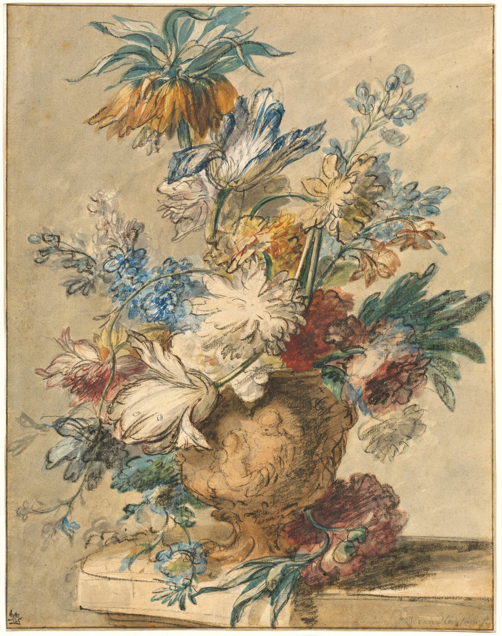 Bukett med vårblomster i en terrakottavase av Jan van Huysum