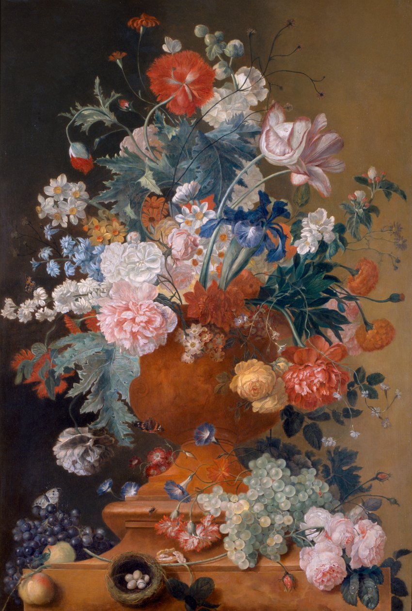 Blomster i en terrakottavase (olje på lerret) av Jan van Huysum