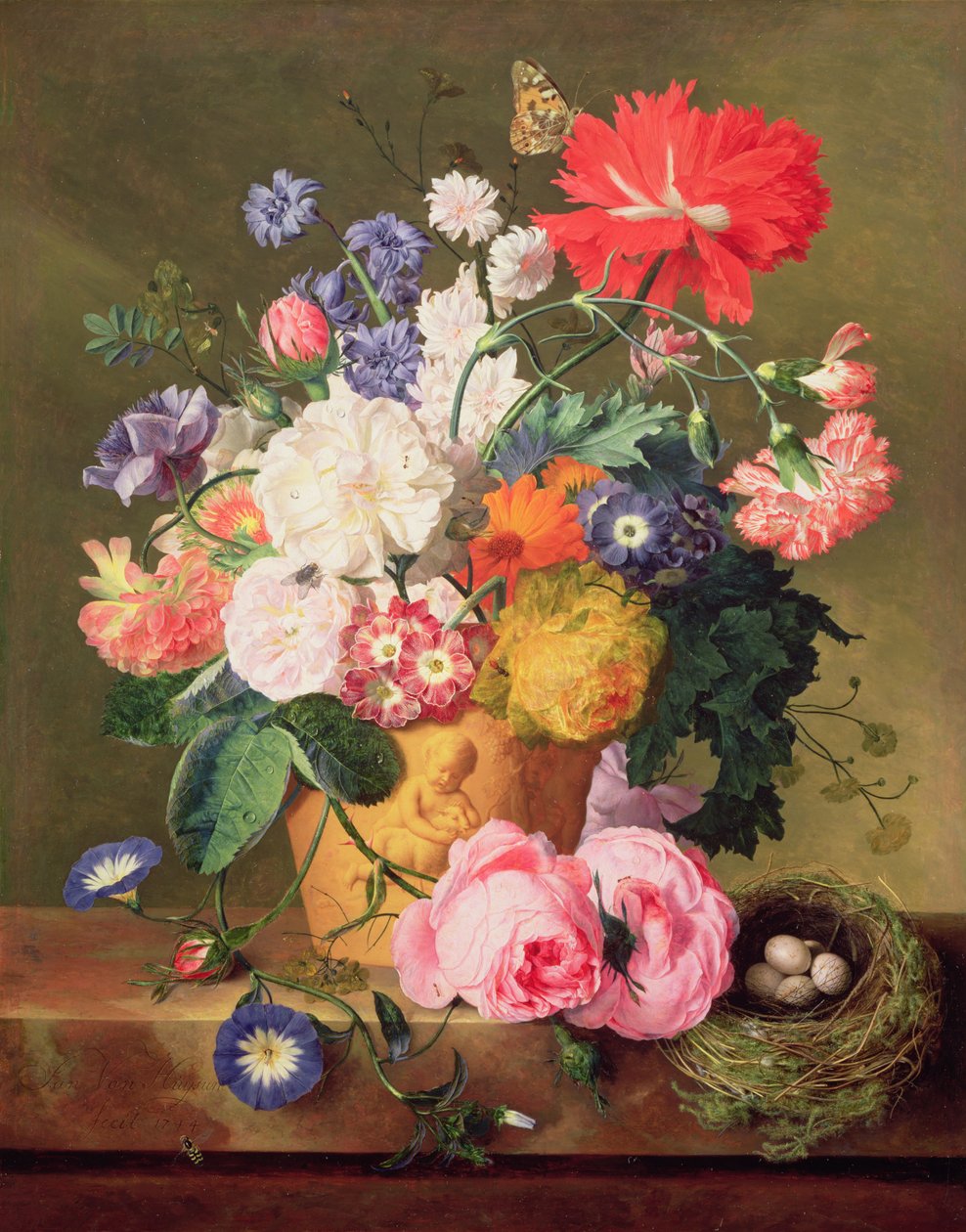Blomster i en terrakottavase, 1744 (panel) (par til 68874) av Jan van Huysum