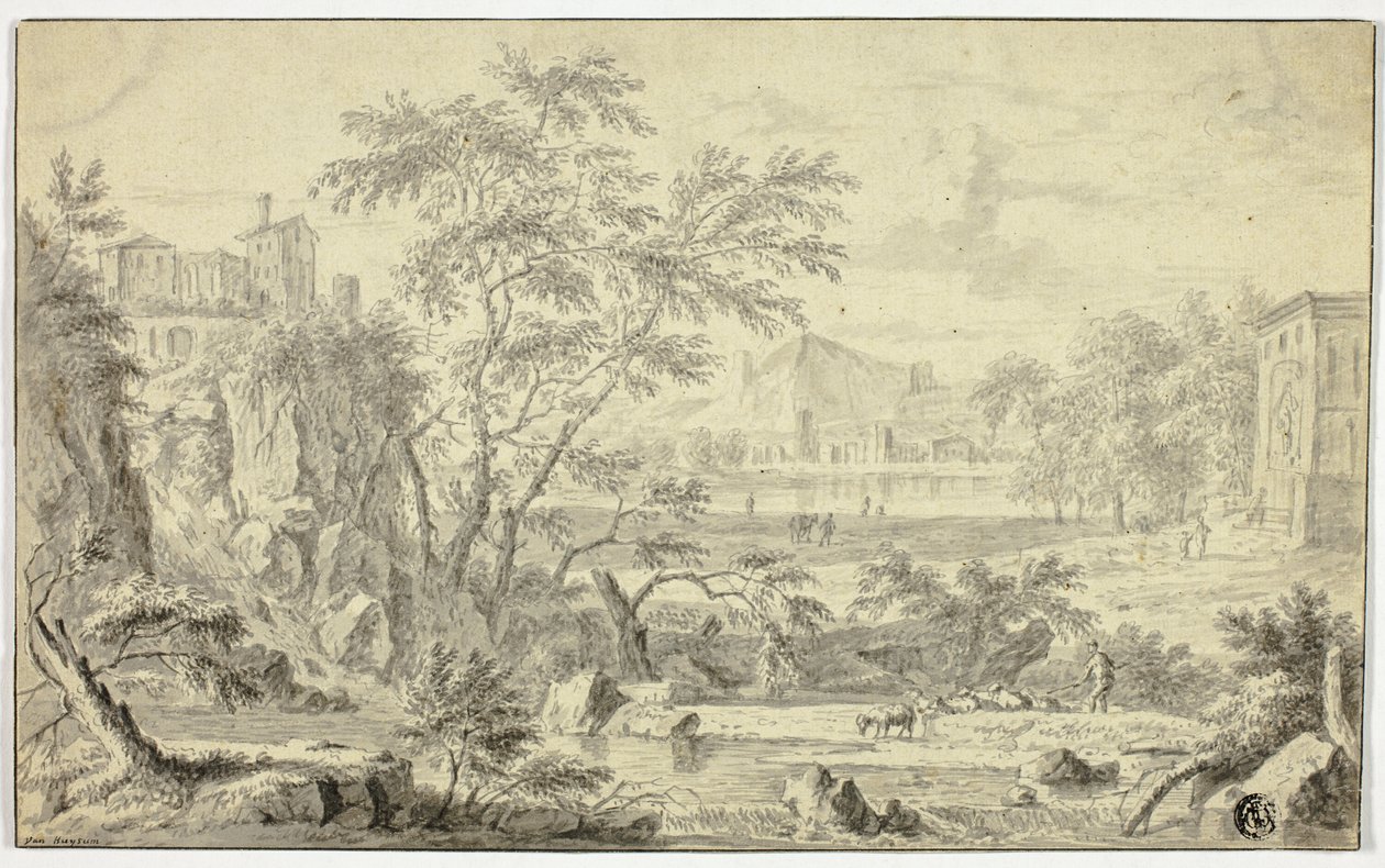 Italiensk landskap med hyrde og flokk for bekk, by i det fjerne av Jan van Huysum