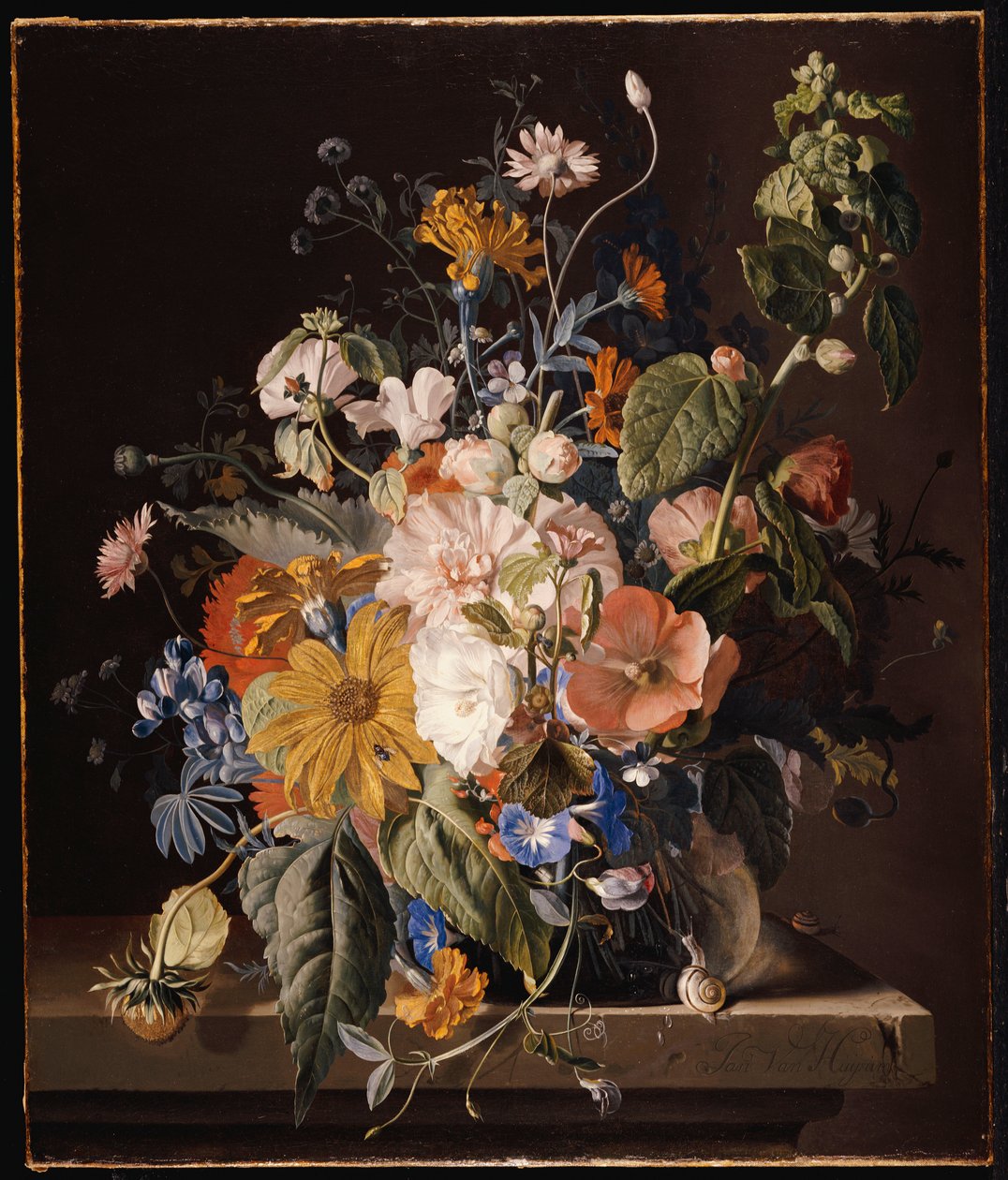 Valmuer, stokkrose, Morning Glory, bratsj, tusenfryd, søte erter, ringblomster og andre blomster i en vase med en snegl på en avsats av Jan van Huysum